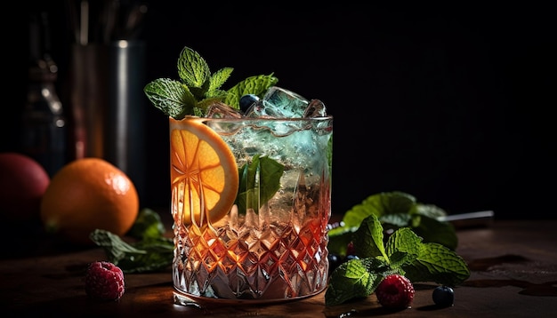 Fresco cocktail mojito con agrumi e foglie di menta generato dall'intelligenza artificiale