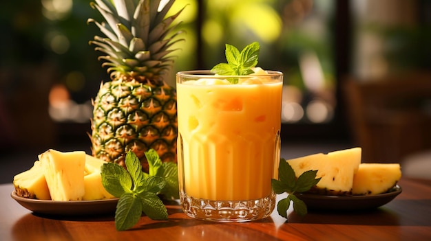 Fresco delizioso frullato di succo di ananas bevanda fredda in una tazza di vetro