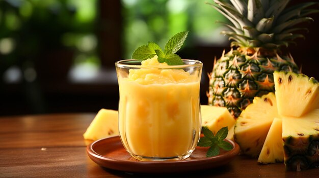 Fresco delizioso frullato di succo di ananas bevanda fredda in una tazza di vetro