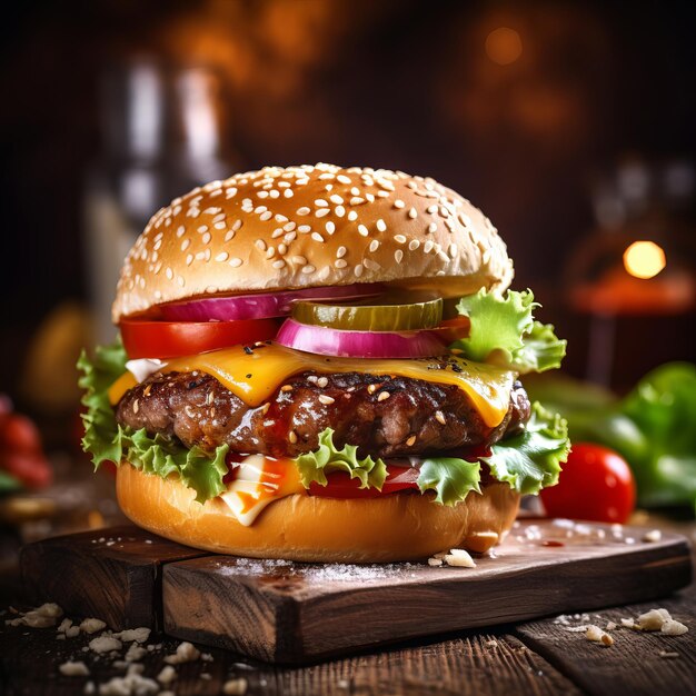 Fresco e gustoso hamburger fatto in casa su un tavolo di legno