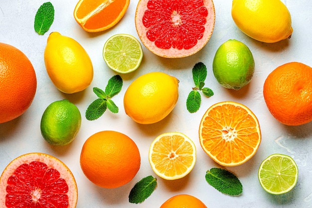 Fresco limone arancia pompelmo foglie verde lime su sfondo chiaro vista dall'alto Concetto di succo di agrumi Vitamina C Frutta