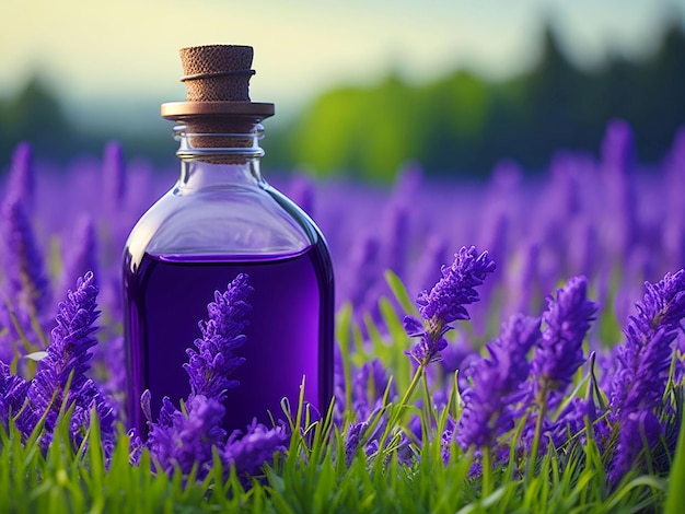 Fresco profumo di lavanda di fiore viola in bottiglia di vetro sullo sfondo della natura