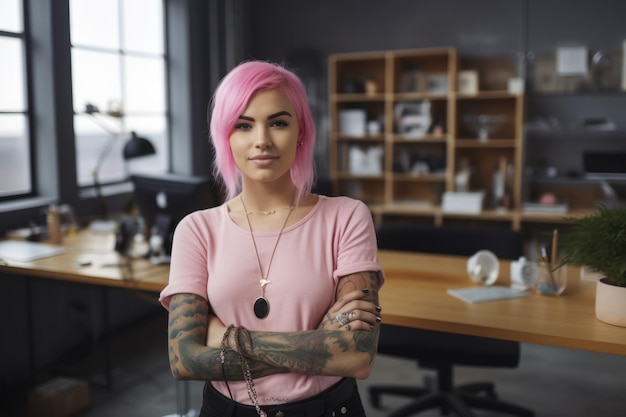 Fresco stilista di moda femminile volto sorridente che guarda l'obbiettivo capelli rosa piercing tatuaggio in piedi alla scrivania dell'ufficio portatile colorato ufficio interno alla moda Generative AI AIG20