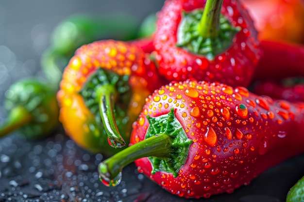 Fresco vivace peperoncino rosso e verde con gocce d'acqua su uno sfondo scuro Vegetariano sano