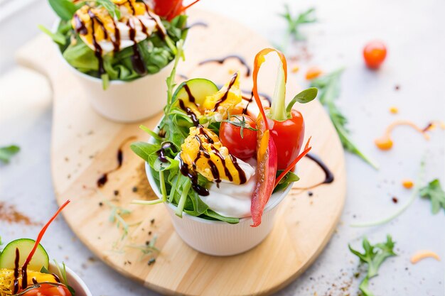 Fresh appetizer idea yogurt e tazze di insalata di verdure