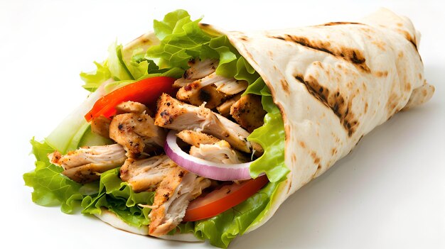 Fresh Chicken Wrap on White Concept di pasto sano stile semplice Oggetto fast food ideale per la progettazione di menu AI