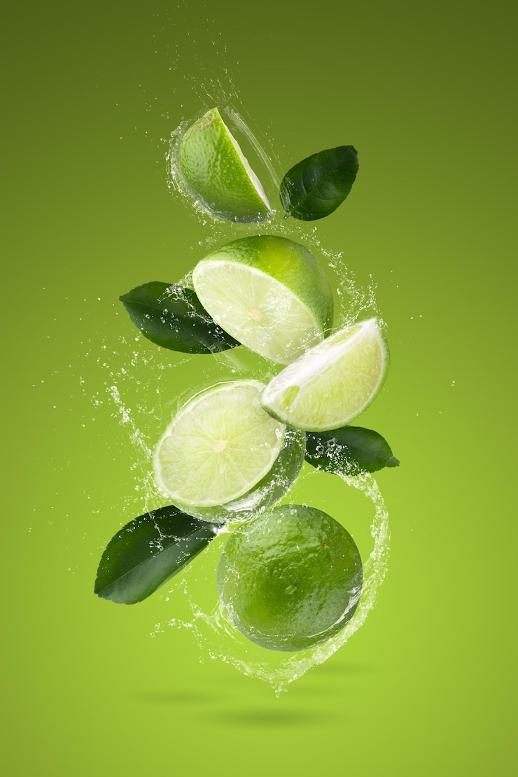 Photo fresh green lime and green lime slices with water splashing on a green background