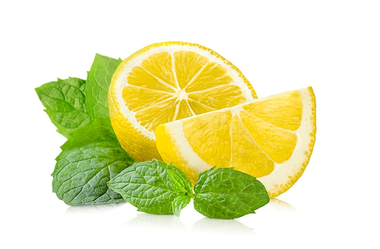 Photo fresh lemon and mint leaves isolated