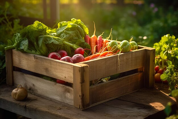 Freshly grown by nature Una cassa piena di verdure fresche provenienti dalla fattoria Ai generative