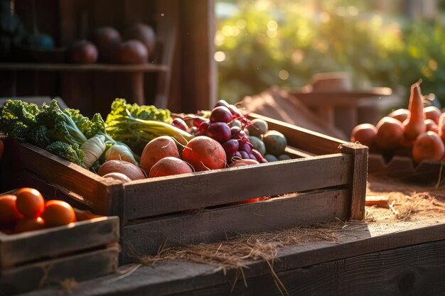 Freshly grown by nature Una cassa piena di verdure fresche provenienti dalla fattoria Ai generative