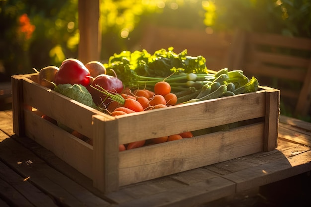 Freshly grown by nature Una cassa piena di verdure fresche provenienti dalla fattoria Ai generative