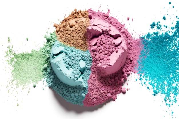 Friabile polvere cosmetica ombretto multicolore isolato su sfondo bianco