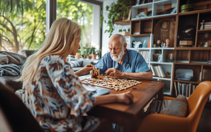 Friendly caregiver or nurse in the retirement home helping