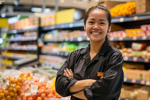 Friendly Supermarket Staff Member Sorride al lavoro con AI generata