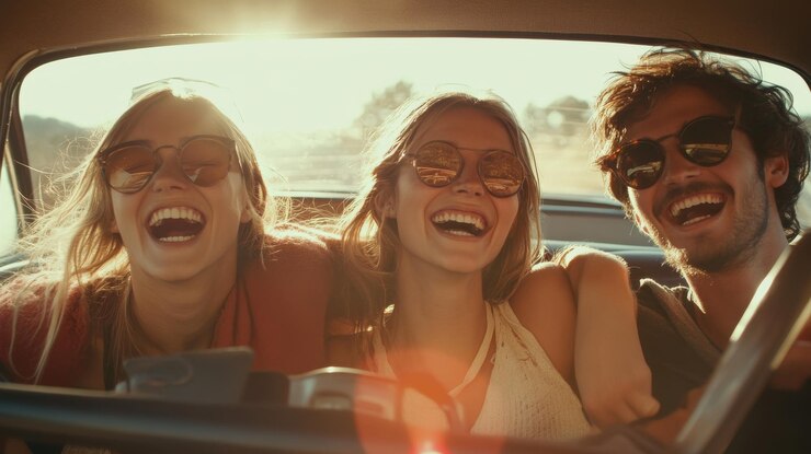 Friends Enjoying a Fun Ride Together in the Back Seat of a Car Perfect for Social Activities and Adventure Themes