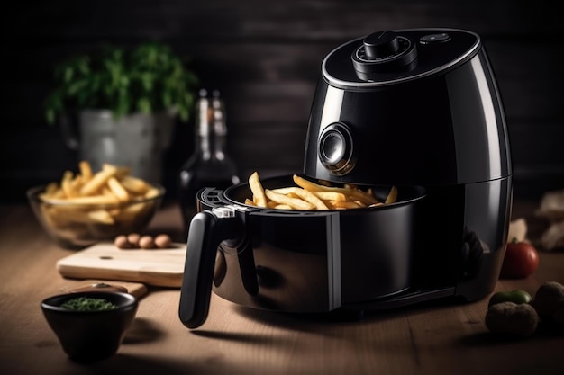 Friggitrice ad aria nera macchina da cucina con patatine fritte tavolo in legno su una cucina ai generativa