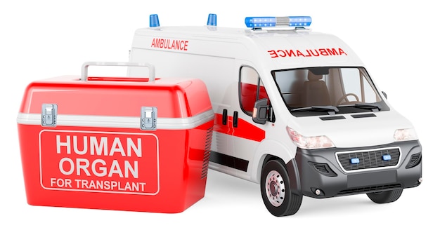 Frigorifero portatile per il trasporto di organi di donatori con rendering 3D del furgone dell'ambulanza