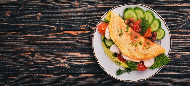 Frittata con pollo e verdure fresche e noci su uno sfondo di legno Vista dall'alto Copia spazio