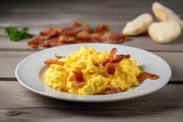 Frittata di uova con pancetta fritta su un piatto bianco sul tavolo colazione mattutina ai generativa