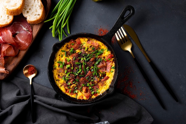 Frittata di uova con salsiccia e condimenti in una padella in ghisa vista dall'alto