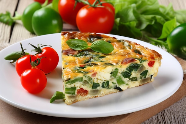 Frittata italiana fatta con spinaci, pomodori, cipolla e peperoni su un tavolo bianco di legno