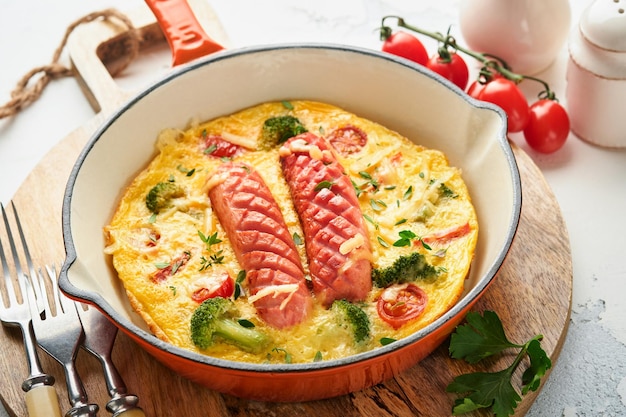 Frittata o frittata con due salsicce formaggio fuso pomodorini broccoli e prezzemolo su padella rossa o padella di ferro su sfondo bianco cemento vecchio Concetto di cibo colazione sana Vista dall'alto