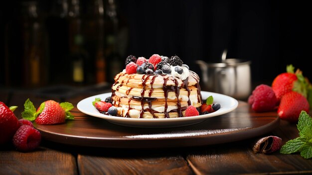 Frittella appena sfornata con salsa al cioccolato e frutta fatta in casa