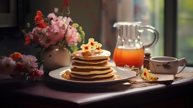 frittelle con caviale rosso e frutti di bosco messa a fuoco selettiva per la colazione