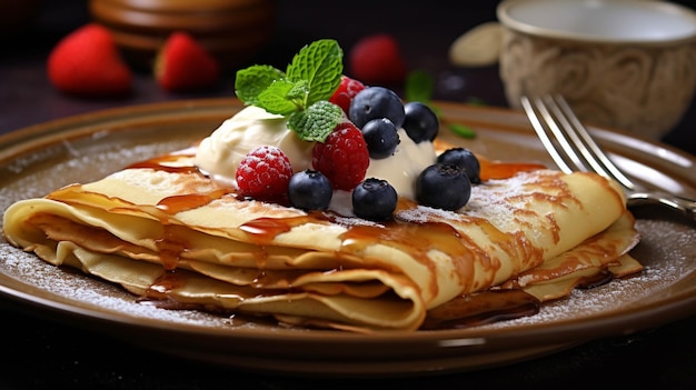 Frittelle con frutti di bosco freschi e panna montata su sfondo nero