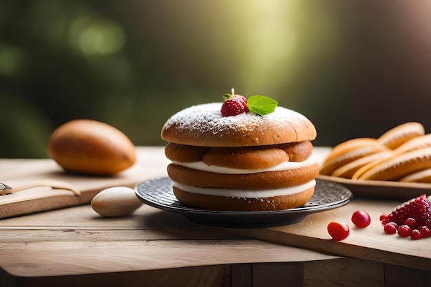 Frittelle con marmellata e marmellata su un tavolo di legno