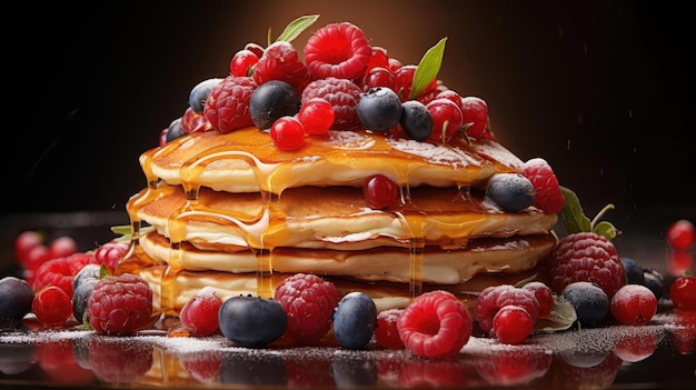 frittelle con sciroppo dolce fuso con pezzi di frutta sul tavolo con sfondo sfocato