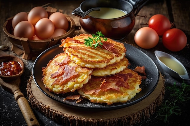 Frittelle di patate con crosta dorata e croccante servite con pancetta per una deliziosa colazione