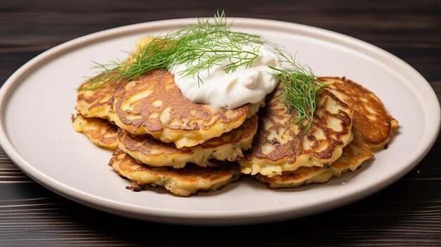 Frittelle di patate di grano saraceno con panna acida su un piatto