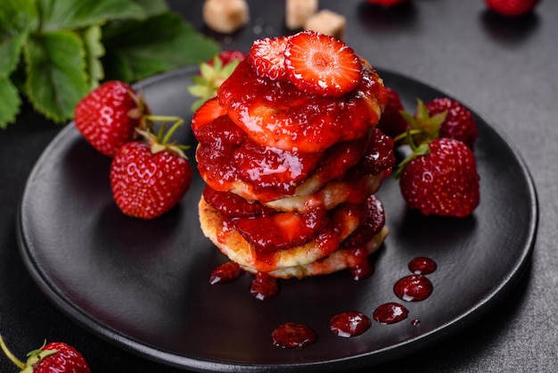 Frittelle di ricotta con fragole a fette e marmellata di fragole su un piatto su uno sfondo di cemento