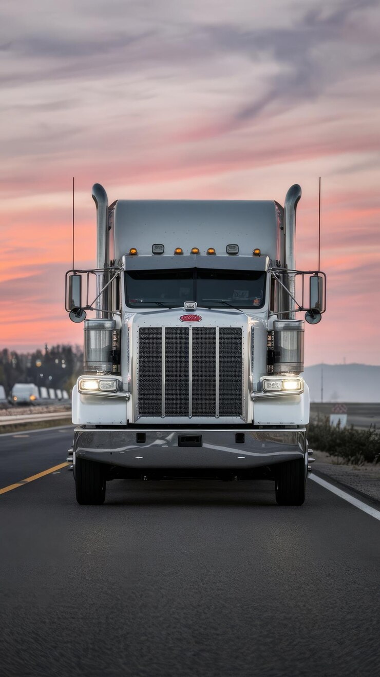 Front view of a glossy white truck carrying cargo on the open road