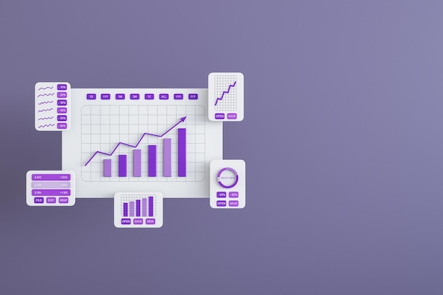 Front view on abstract background with place for advertising poster or logo brand and white graphic window cards with purple project statistics sale charts and finance reports 3D rendering mockup