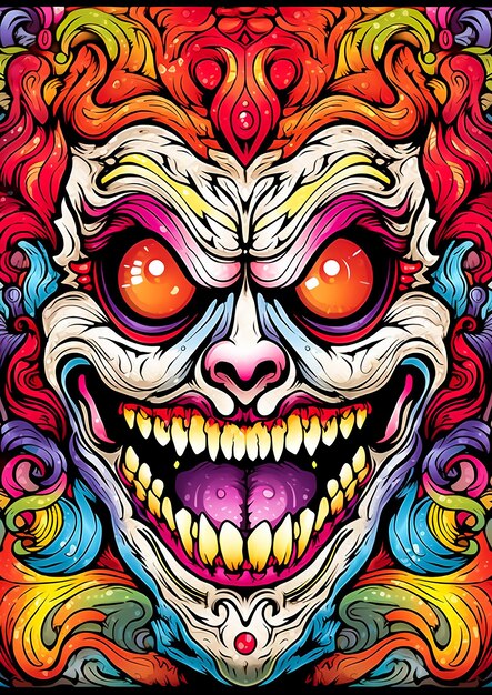 Fronte colorato del mostro cavo Freaky con un sorriso spaventoso nell'arte mandala