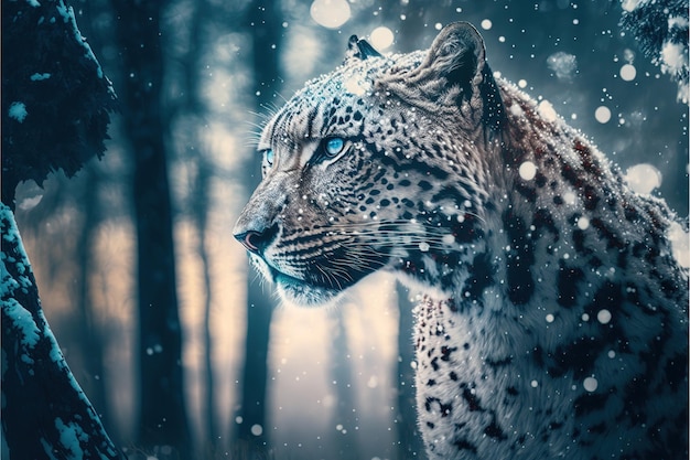 Fronte del leopardo bianco nel predatore della foresta di inverno della neve nel deserto