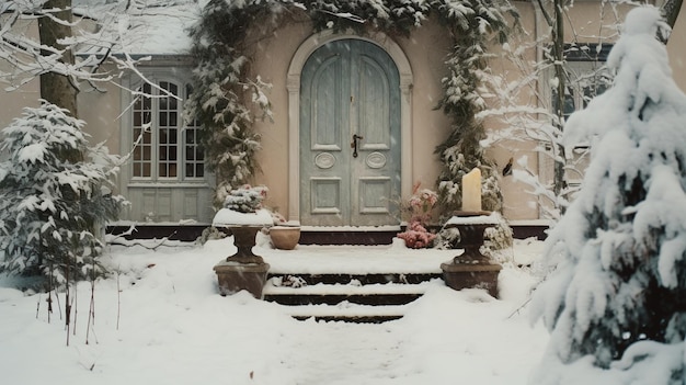 Fronte della casa con intelligenza artificiale generativa in inverno con ghirlande e ghirlande decorative natalizie. Stagione accogliente della neve