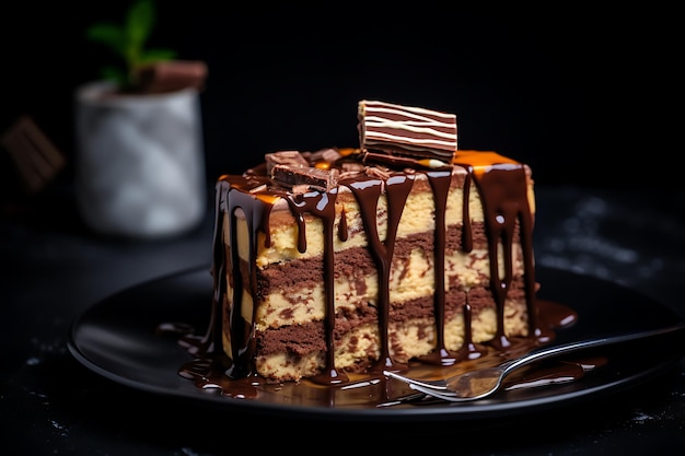 Fronte di vista fette di torta con barrette di cioccolato e biscotti sullo sfondo grigio