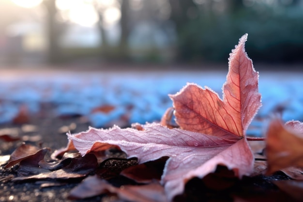 Frost su foglie cadute con sfondo bokeh sfocato creato con ai generativo