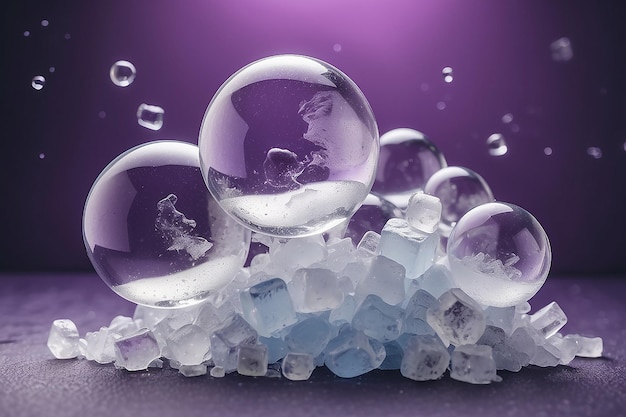 Frozen Elegance Abstract Bolle di sapone su ghiaccio schiacciato su sfondo viola