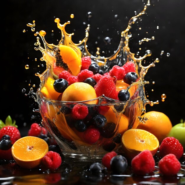 Fruitful Splash Realistic Juice Burst Composition con frutta vibrante su nero