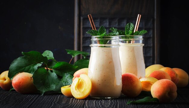 Frullati di albicocca con frutta e semi di lino in bottiglie di vetro scuro rustico tavolo da cucina sfondo posto per testo messa a fuoco selettiva