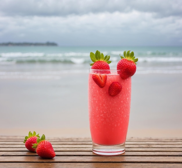 Frullati di fragole sulla spiaggia con sfondo marino