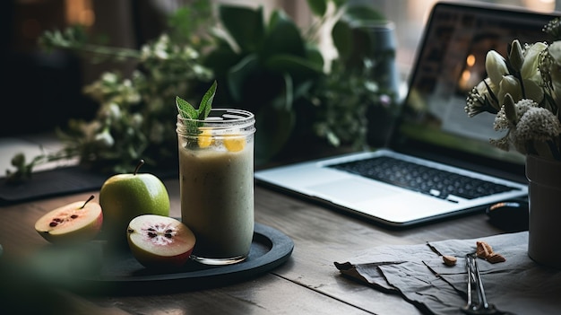 Frullato con laptop sul tavolo IA generativa