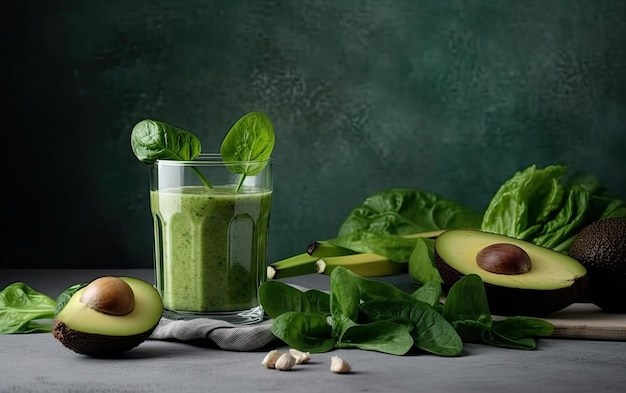 Frullato di avocado con foglie di lime e menta in barattolo di vetro