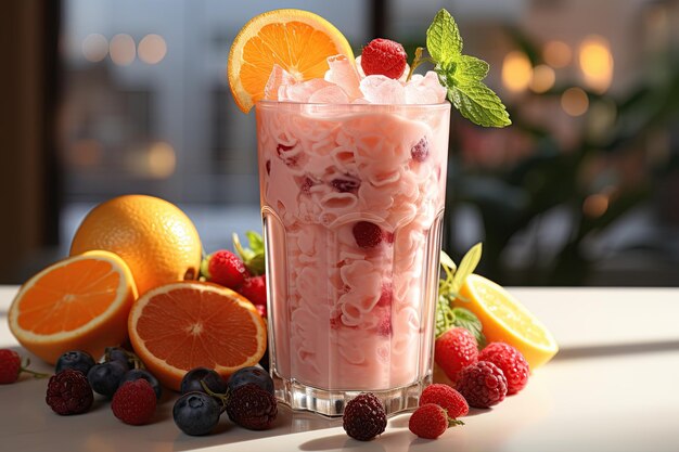 Frullato di frutta fresca Una miscela rinfrescante e salutare di frutta mista, yogurt e ghiaccio perfetta per uno spuntino veloce e nutriente Generato con AI