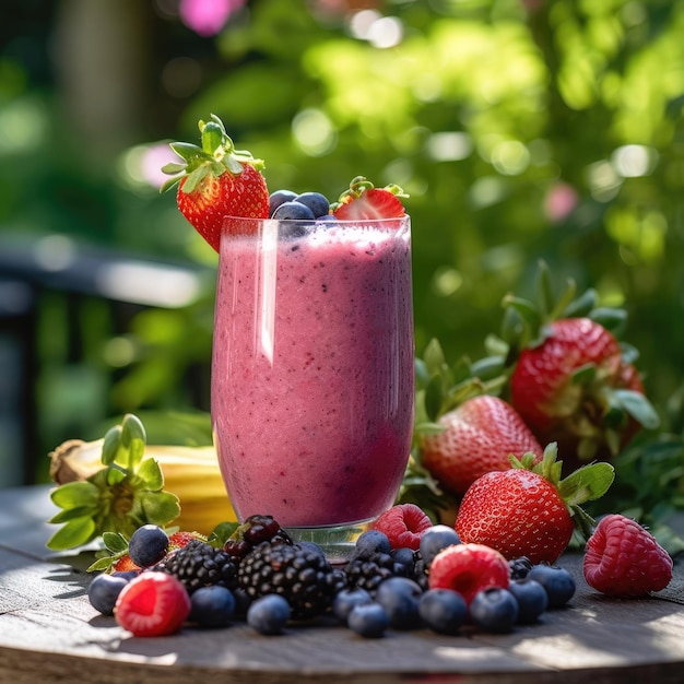 Frullato di frutti di bosco con sfondo giardino stile 8k crudo