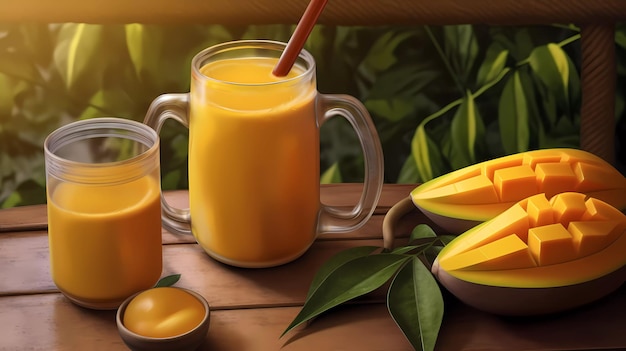 Frullato di mango su un tavolo con succo di mango